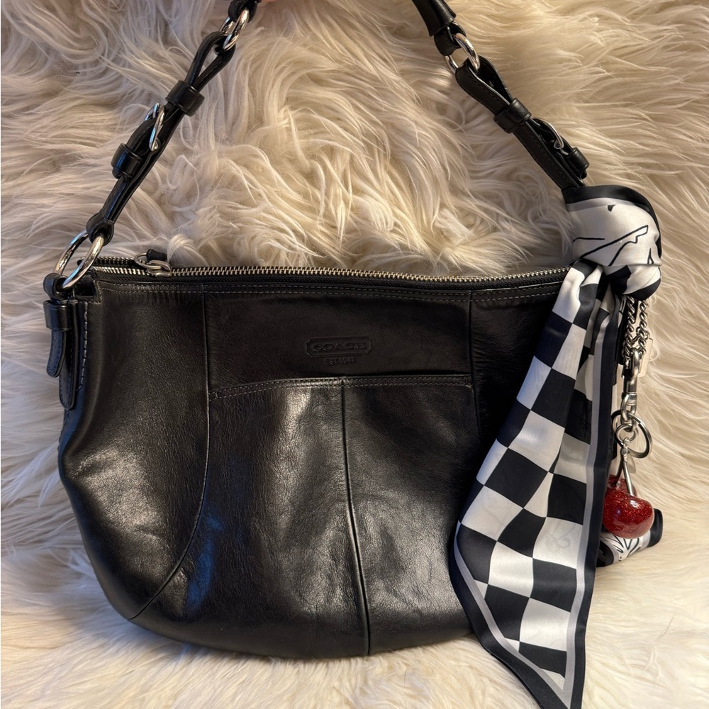 Coach Black Leather Shoulder Bag with Checkered Scarf